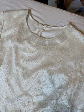 Vintage Stenay Beaded White Silk Top Greek Key Border Short Sleeve Blouse